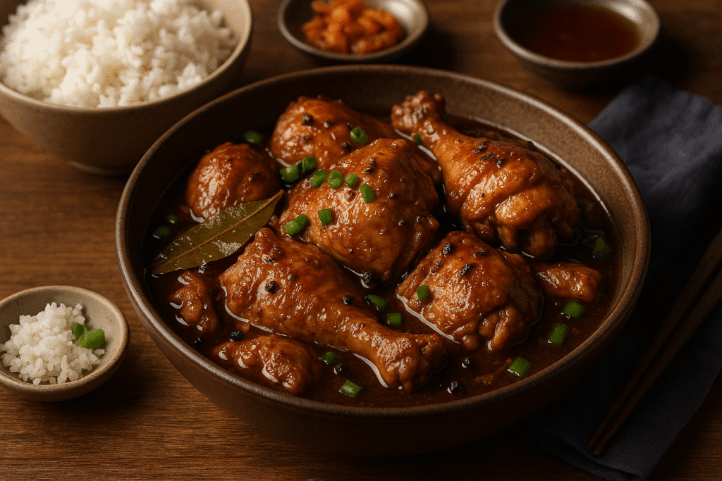 Adobo philippin traditionnel, plat mijoté de porc ou poulet à la sauce soja et au vinaigre.