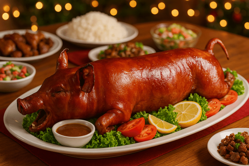 Lechon philippin entier rôti à la peau croustillante, plat festif des Philippines