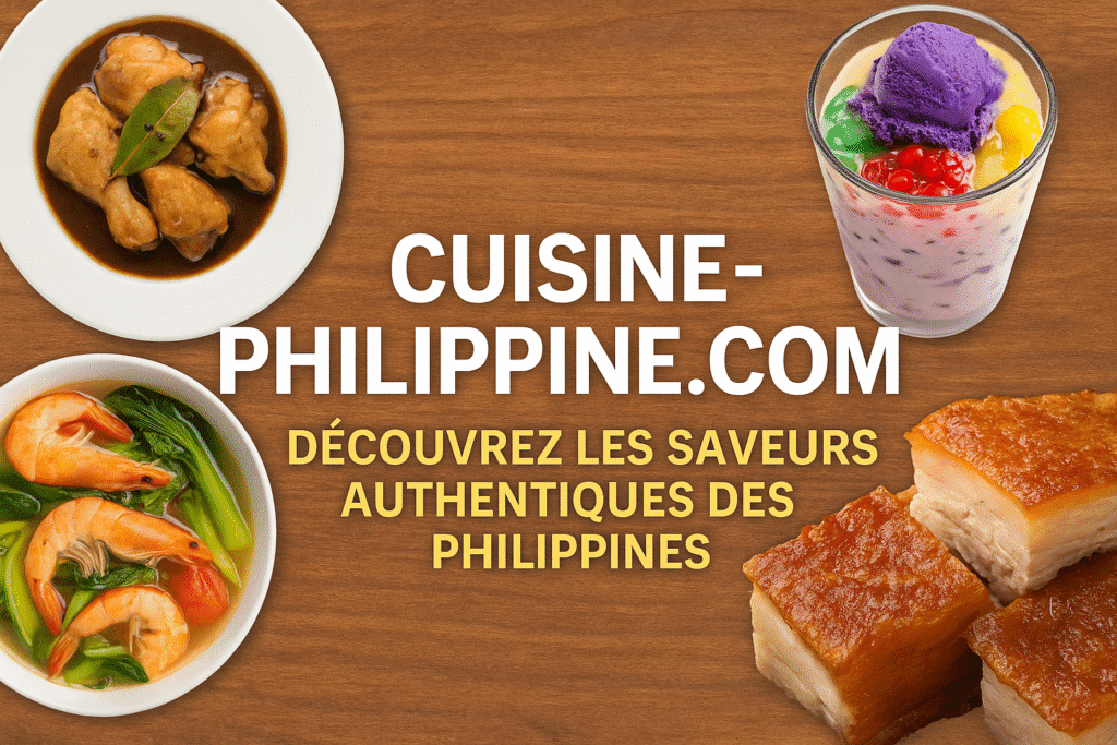 Bannière horizontale du site Cuisine-Philippine.com montrant des plats traditionnels philippins tels que l’adobo, le sinigang, le lechon et le halo-halo, disposés sur une table tropicale en bois.