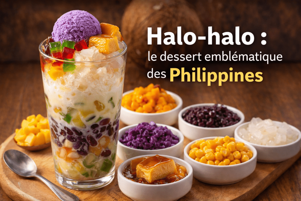 halo-halo dessert philippin traditionnel avec glace pilée fruits tropicaux ube et leche flan