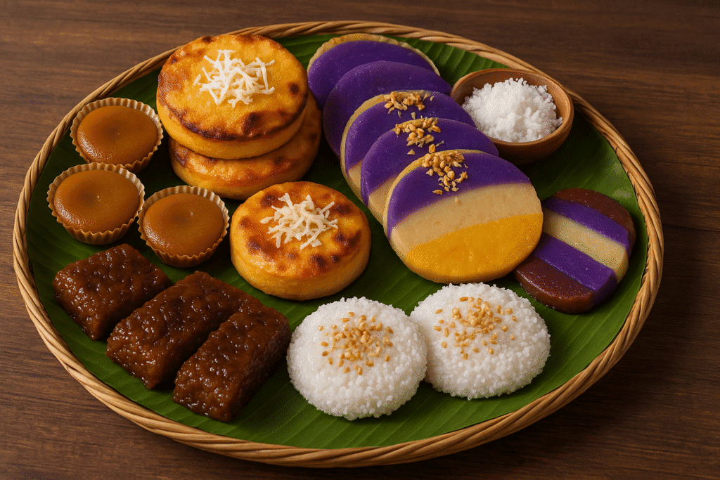 Assortiment de kakanin philippins — desserts à base de riz gluant — présentés sur des feuilles de bananier.