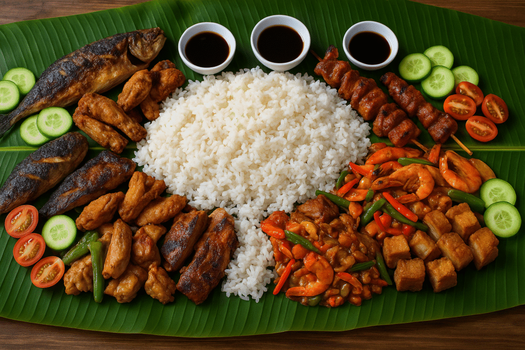 Repas philippin kamayan servi sur des feuilles de bananier avec riz, fruits de mer, viande grillée et légumes colorés