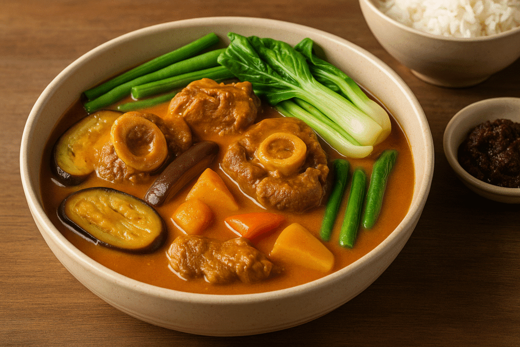 Bol de kare-kare philippin, ragoût de bœuf et légumes dans une sauce aux cacahuètes, servi avec bagoong.
