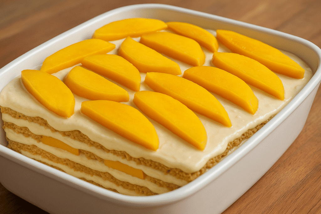 Mango Float philippin, dessert en couches avec mangue fraîche, crème et biscuits Graham.