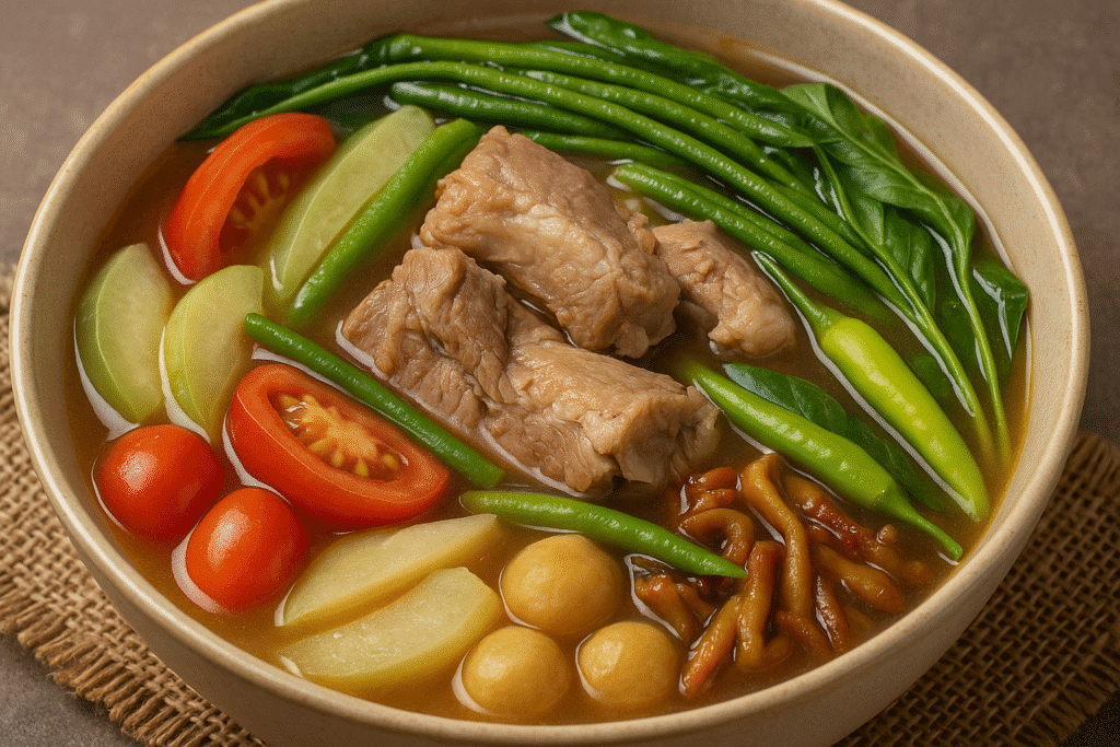 Bol de sinigang philippin, soupe aigre au tamarin avec porc, légumes et piments verts.