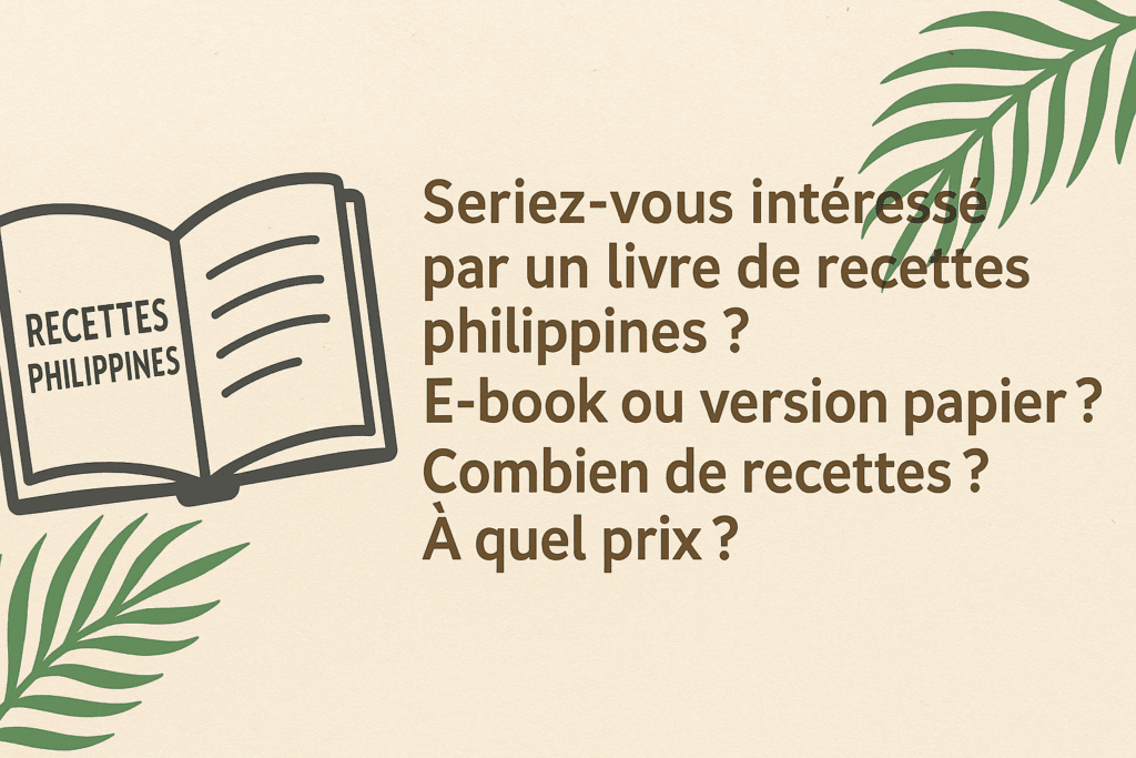 Affiche en français présentant un livre de recettes philippines ouvert, accompagnée de la question : « Seriez-vous intéressé par un livre de recettes philippines ? E-book ou version papier ? Combien de recettes ? À quel prix ?