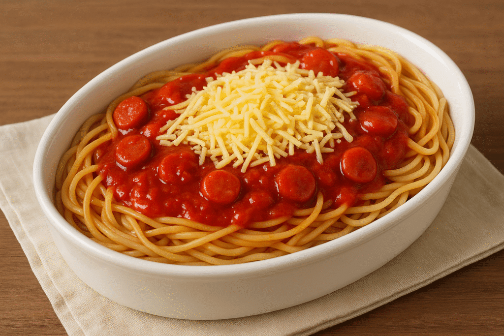 Spaghetti philippin dans une assiette blanche avec sauce rouge sucrée, saucisses et fromage râpé.