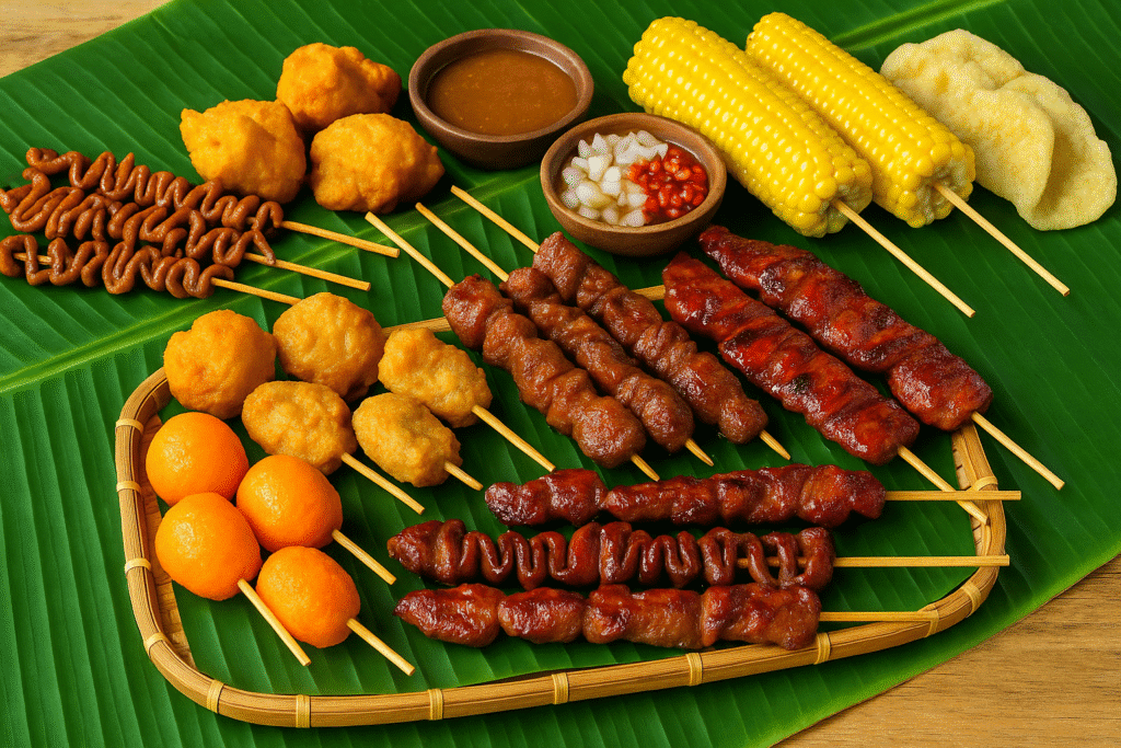 Assortiment de street food philippine présenté sur des feuilles de bananier avec brochettes, fish balls et maïs.