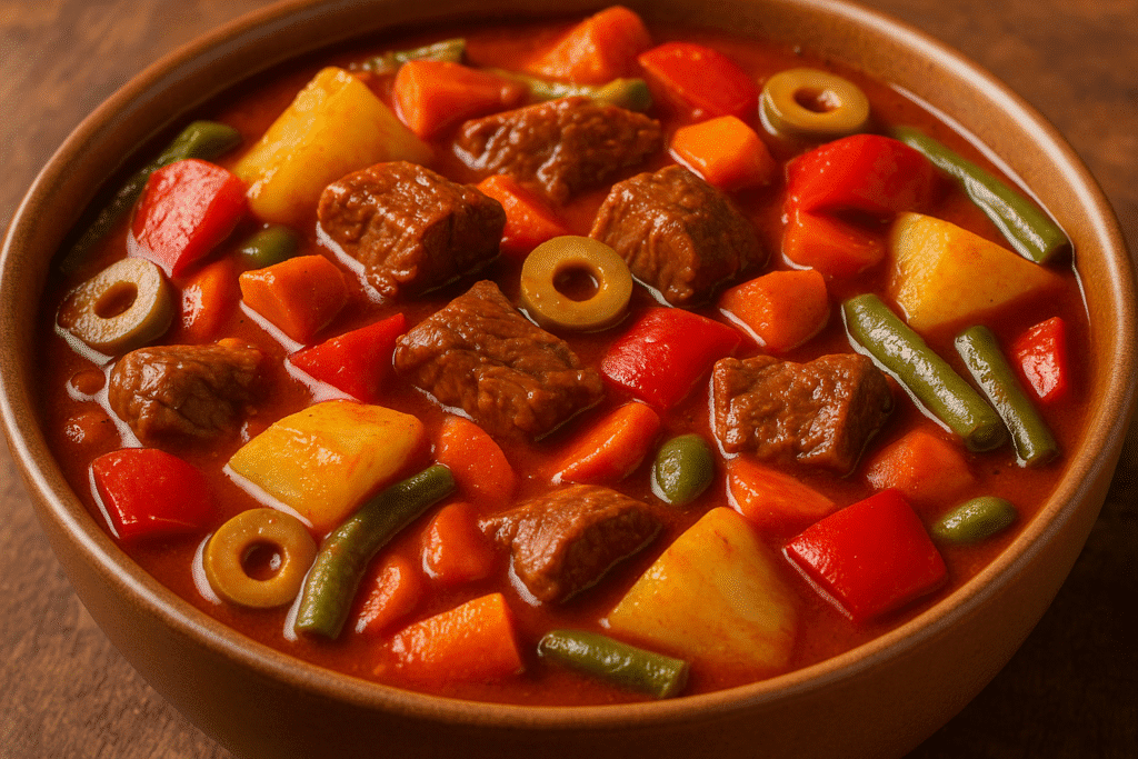 Bol de caldereta philippine, ragoût de bœuf en sauce tomate avec légumes et olives vertes.