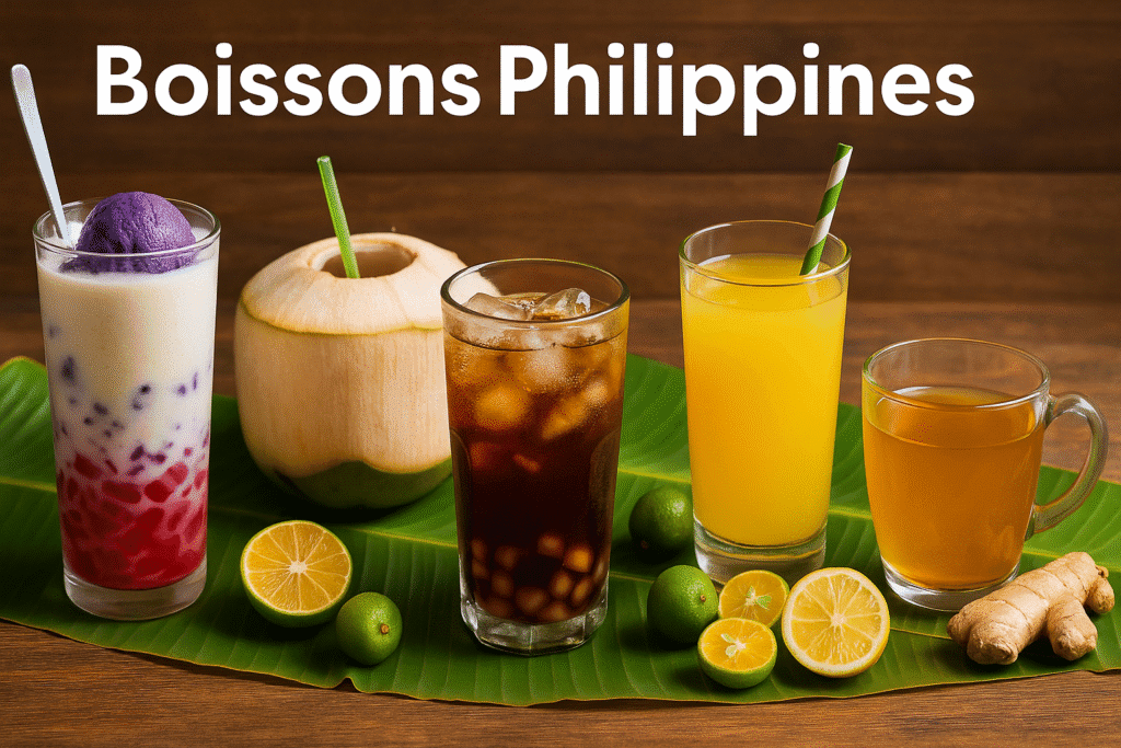 Photo horizontale présentant cinq boissons philippines sur une table tropicale : halo-halo, buko juice, sago’t gulaman, calamansi juice et salabat.