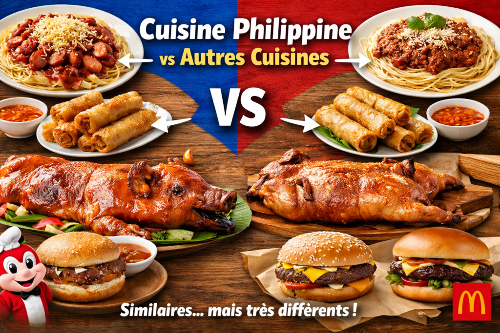 Cuisine philippine vs autres cuisines avec comparaison spaghetti philippins, lumpia, lechon et burgers face aux versions italiennes, vietnamiennes et américaines