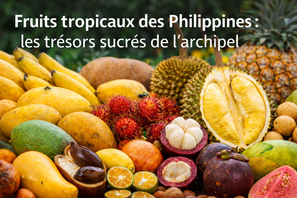 Fruits tropicaux des Philippines avec mangue, durian, ramboutan, mangoustan et autres fruits exotiques de l’archipel.