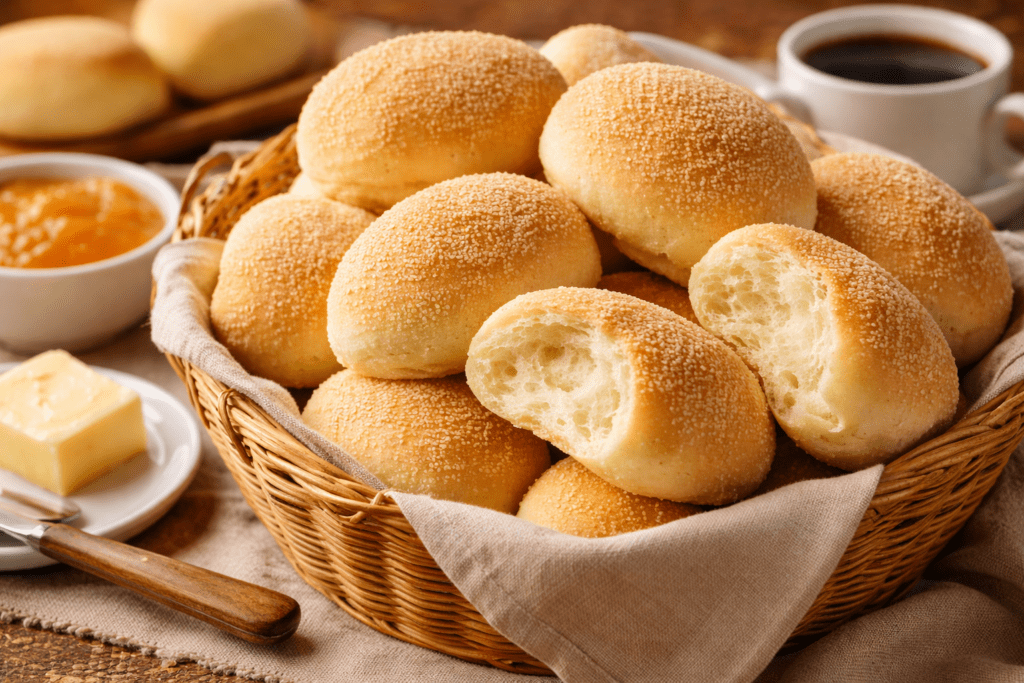 Pandesal philippin traditionnel servi au petit-déjeuner avec beurre, confiture et café