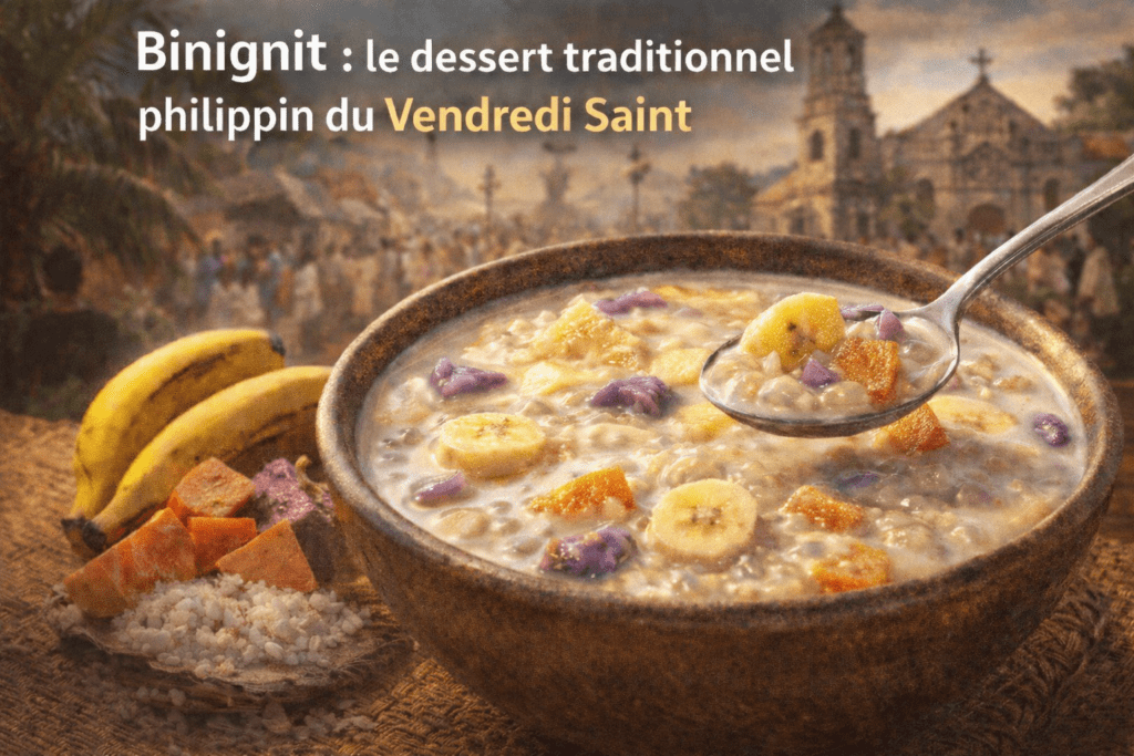 Binignit dessert philippin au lait de coco avec banane, patate douce, taro et tapioca, spécialité traditionnelle du Vendredi Saint aux Philippines