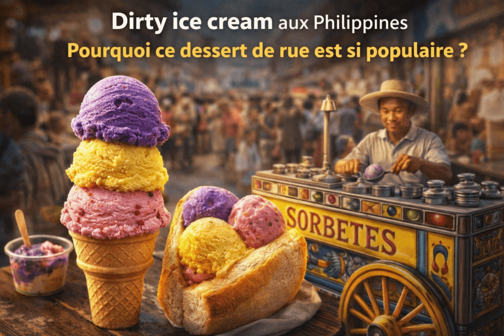 Dirty ice cream aux Philippines avec sorbetes coloré, vendeur de rue et glace artisanale servie en cornet et dans du pain pandesal