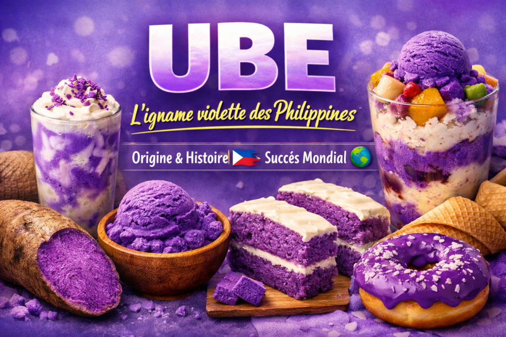 Ube desserts violets philippins avec glace gâteau et halo-halo illustrant l’origine et le succès mondial de l’igname violette